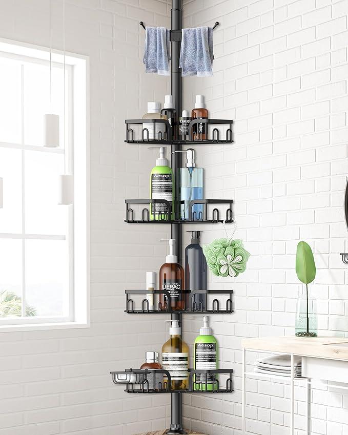 Corner Shower Caddy Tension Pole,39-113 inch Adjustable Rustproof Floor Standing Shower Organizer Shelf with 4 Basket for Bathtub,Inside Shower Shampoo Storage,Black - ModernBath