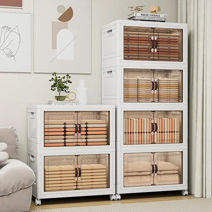 Storage Bins with Lids and Wheels, 660QT-165QT*4Tier Collapsible Bathroom Storage Cabinet with Clear Doors, Plastic Stackable Closet Organizers and Containers White - ModernBath