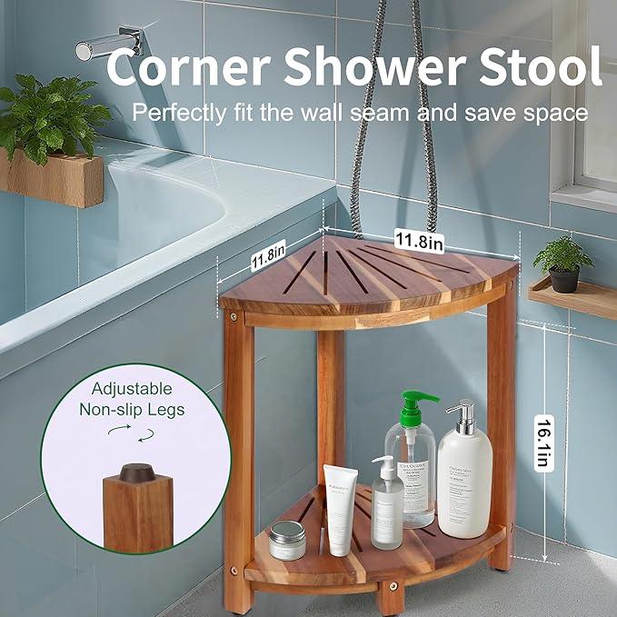Bathroom Corner Shower Stool with Storage Shelf, Shower Feet Stool, Non-Slip Adjustable Feet Drain Holes, for Shaving Legs, SpacemSaving Shower Bench with Storage for Small Spaces - ModernBath