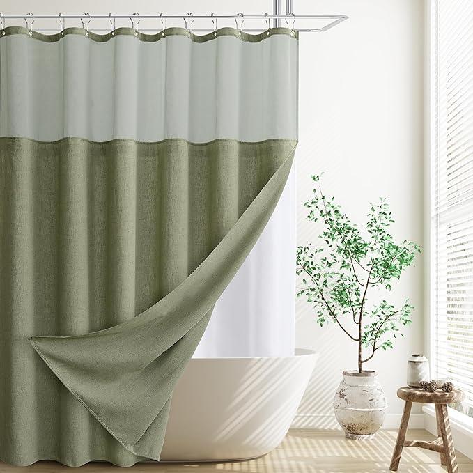 Naturoom Extra Long Linen Shower Curtain, 72x80 Inch Long Neutral Fabric Country Cottage Shower Curtain Set with Liner, Tall Bohemian Farmhouse Bath Curtains for Bathroom Decor,72 x 80 Sage Green - ModernBath