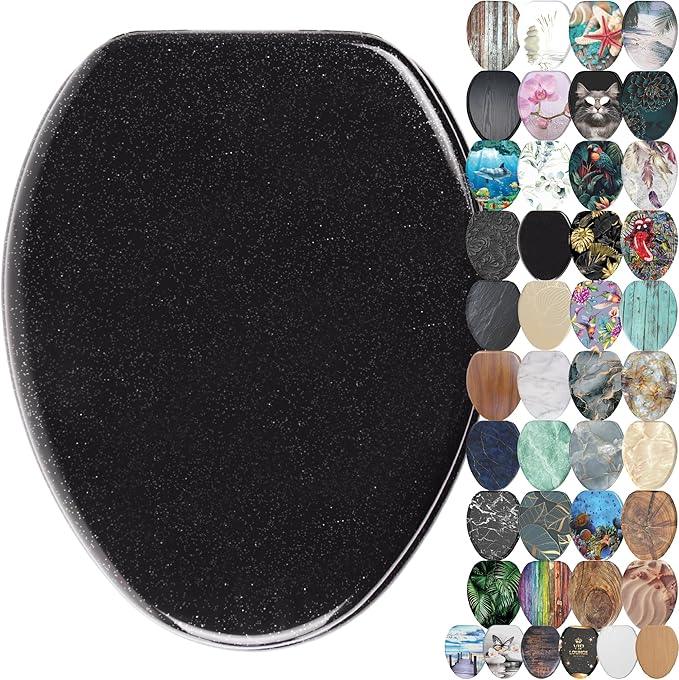 SANILO Wooden Toilet Seat with Soft Close [ELONGATED] - Decorative, Quiet & Slow Close Molded Wood Seat - With Strong Bumpers & Hinges - Adjustable Fit - Glittering Black - ModernBath