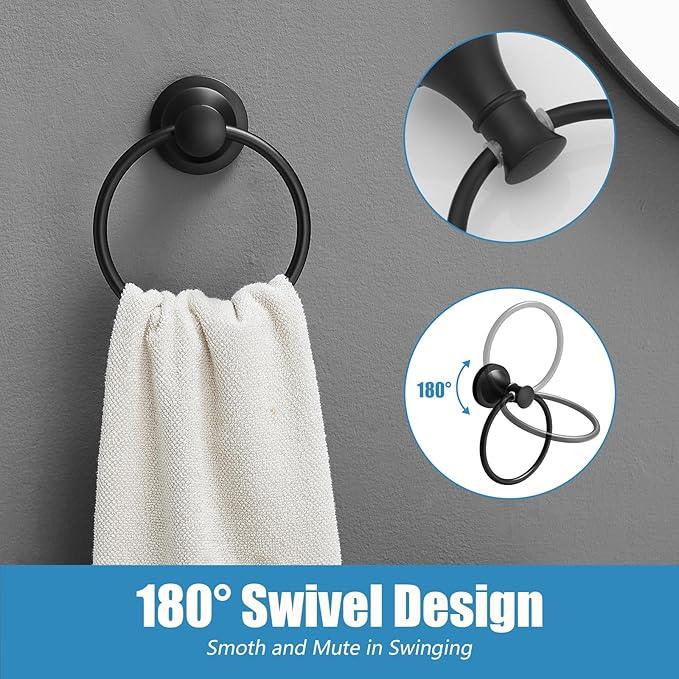 RUMOSE Toilet Paper Holder and Hand Towel Ring Matte Black Wall Mount Bathroom Hardware Accessories 2 PCS Set Flexible Pivoting Toilet Tissue Roll Holder and Towel Hanger, Stainless Steel - ModernBath