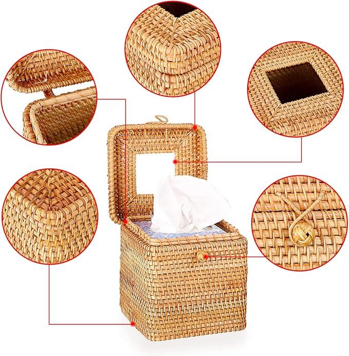 Sumnacon Tissue Box Cover Square Tissue Box Rattan Tissue Box Holder with Hinged Top Lid, Wicker Tissue Holder for Bathroom Toilet Living Room Kitchen Office Table Desk, Yellow - ModernBath