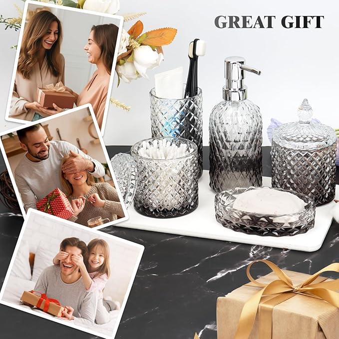 Bathroom Accessories Set, 5Pcs Gradient Glass Bath Accessory Sets Complete, Glass Bathroom Accessories with Soap Dispenser, Soap Dish, Toothbrush Holder, Qtip Holder - ModernBath