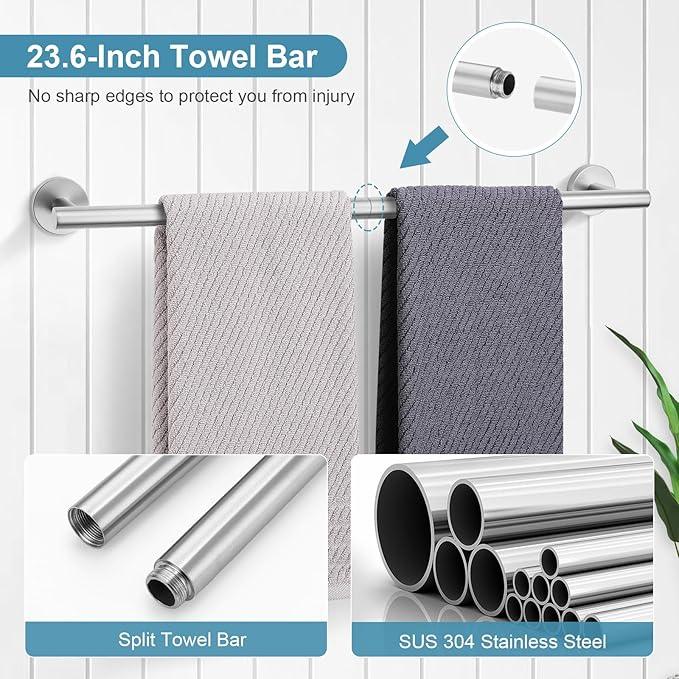 TQKAG Bathroom Towel Bar Holder Sets Brushed Nickel 23.6 Inch Round Stainless Steel Towel Bar Set 5 Piece Bathroom Accessory Set Wall Mounted - ModernBath