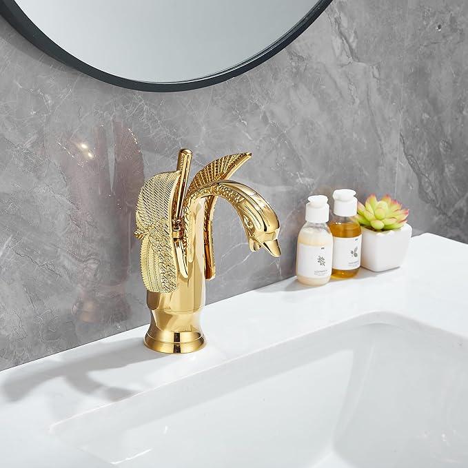 Gold Bathroom Faucet GGStudy Swan Shape Single Handle One Hole Bathroom Vanity Faucet Basin Tap Deck Mount Lavatory - ModernBath