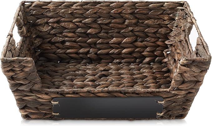 Casafield Set of 2 Water Hyacinth Pantry Baskets with Handles, Chalkboard Labels, and Marker - Espresso, Wide Woven Storage Bin Organizers for Kitchen Shelves - ModernBath