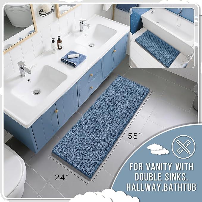 Yimobra Bathroom Runner Rug 55x24 Inch - Extra Long Non Slip Chenille Bath Mat, Soft & Absorbent, Machine Washable Shaggy Hallway Carpet for Vanity Tub Shower, Denim Blue Home Decor Accessories - ModernBath