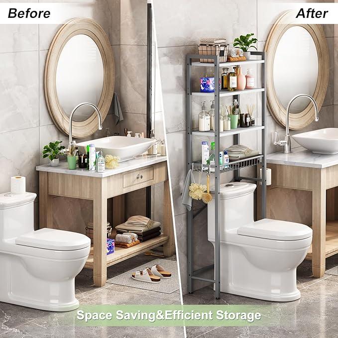 Over-The-Toilet Storage Rack, 4-Tier Bathroom Organizer Shelf Over Toilet with Adjustable Shelf and Basket, Freestanding Space Saver Bathroom Shelves Above Toilet for Room (Gray- White) - ModernBath