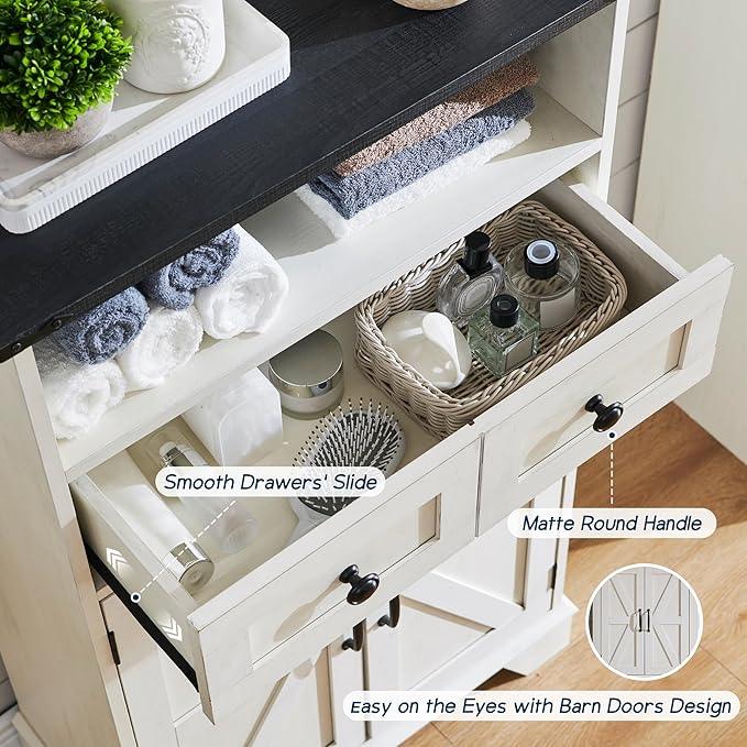 ACCOHOHO Bathroom Floor Cabinet, Farmhouse Storage Cabinet, 24" Wide Cabinet with Drawer, Adjustable Shelf, Barn Doors, Cabinets for Bathroom, Kitchen, Living Room, Off White - ModernBath