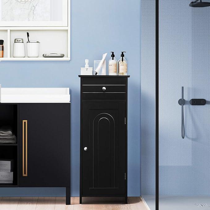 Tangkula Bathroom Floor Cabinet, Wooden Side Storage Organizer, Free-Standing Single Door Floor Storage Cabinet with Large Drawer & 2 Adjustable Shelves for Living Room Kitchen (Black) - ModernBath