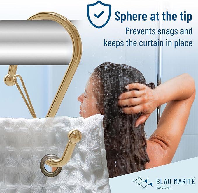 Blau Marité 12 Decorative Metal Shower Curtain Hooks, S-Shaped Hooks with Anti-Fall System, Rust-Proof Shower Rings with Safety Buckle, Fits Rods Up to 1-Inch Diameter (S, Gold) - ModernBath