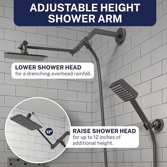 HammerHead® Solid Metal Dual Shower Head Combo — 8" Square Rain Shower Head with Handheld, 12" Adjustable Arm & Wall-Mount Holder for Flexible Installation — Oil Rubbed Bronze - ModernBath