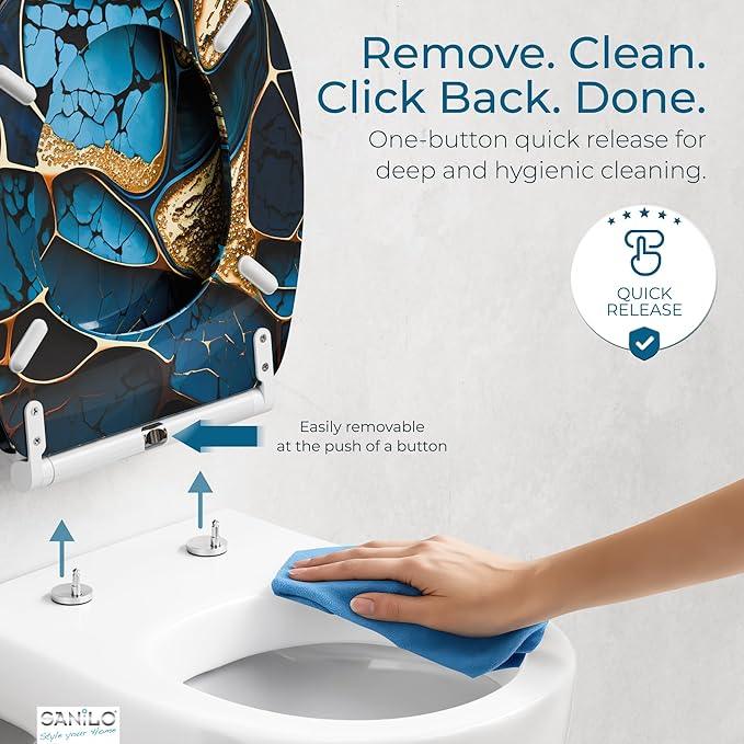 Sanilo Wooden Toilet Seat with Quick Release & Soft Close [ROUND] - Decorative & Slow Close Molded Wood Seat - With One Click for Easy Installation & Cleaning - With Adjustable Fit (Marble Cobalt) - ModernBath