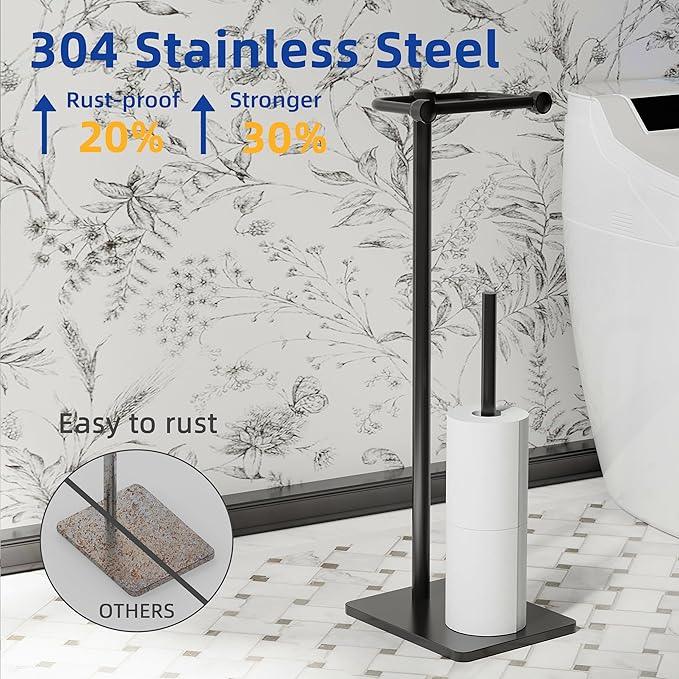 RUACQ Toilet Paper Holder Stand, Bathroom Toilet Paper roll Holder Free Standing with Storage for 4 Rolls, Post Pivoting Design, Stable Weighted Base, SUS304 Stainless Steel (Matte Black) - ModernBath