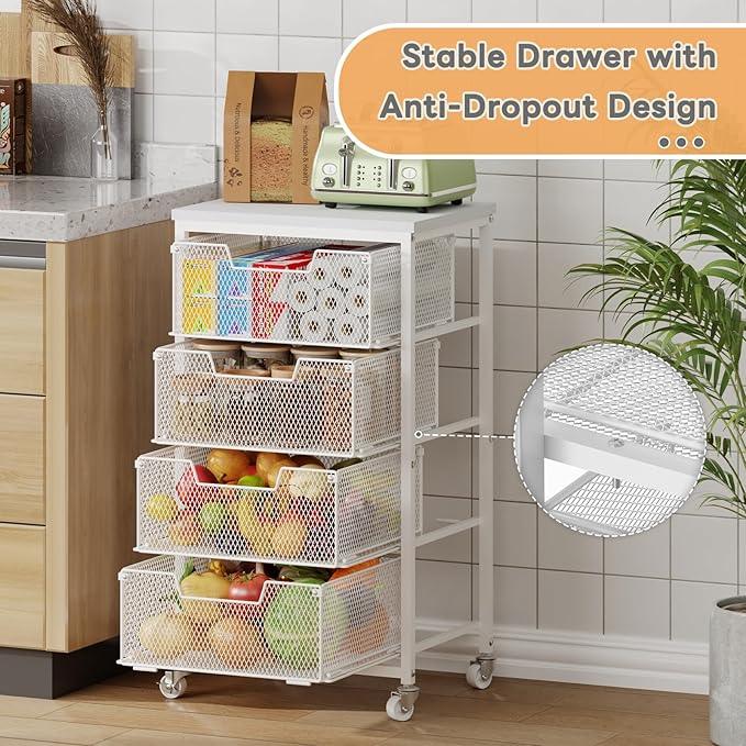 4-Tier Kitchen Storage Cart - Fruit Vegetable Storage Cart with Drawers, Wooden Top Metal Wire Kitchen Organizer and Storage Cart with Wheels to Storage Onions Potatoes Cans Snacks for Kitchen - ModernBath