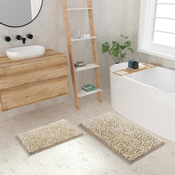 Yimobra Bath Mats for Bathroom Non Slip, 31.5x20, Extra Soft Chenille Bathroom Rugs, Fluffy Plush Luxury Shower Mat Outside, Water Absorbent, Machine Washable, Sink and Tub, Beige & Light Coffee - ModernBath
