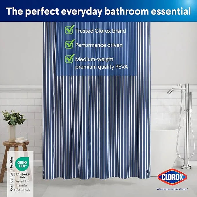 CLOROX Shower Curtain Liner, Premium Striped Medium-Weight Durable Waterproof 6g PEVA for Bathroom with Weighted Magnets, Printed Standard Size 72" x 72", Navy - ModernBath