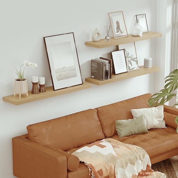 Vivelove Single Floating Shelves Oak 48 Inches, 48 x 10 inch Deep x 1.8 in Thick, Long Wall Shelves Heavy Duty 80 lbs for Bedroom, Living Room, Kitchen, Office, Modern Shelf Book Home Decor - ModernBath
