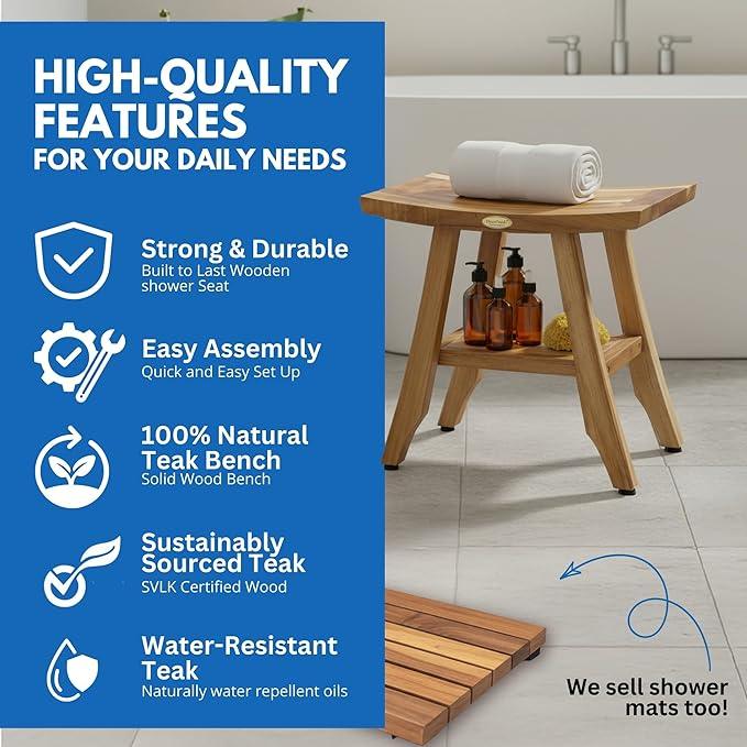 EcoDecors 18" Satori Teak Shower Bench –Compact Bath Seat, Natural Wood Finish Water-Resistant Spa Bench | Slatted Design & Adjustable Feet for Indoor Outdoor Use | Storage Shelf - ModernBath