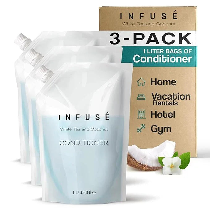 INFUSÉ 1 Liter Conditioner Refill Bag For Soap Dispensers | Bulk Toiletries for Vacation Rentals, and Home Bathroom Showers | White Tea and Coconut | Set of 3 - ModernBath