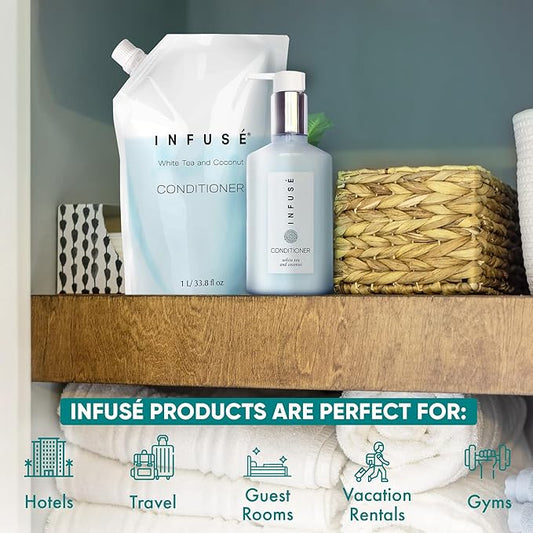 INFUSÉ 1 Liter Conditioner Refill Bag For Soap Dispensers | Bulk Toiletries for Vacation Rentals, and Home Bathroom Showers | White Tea and Coconut | Single