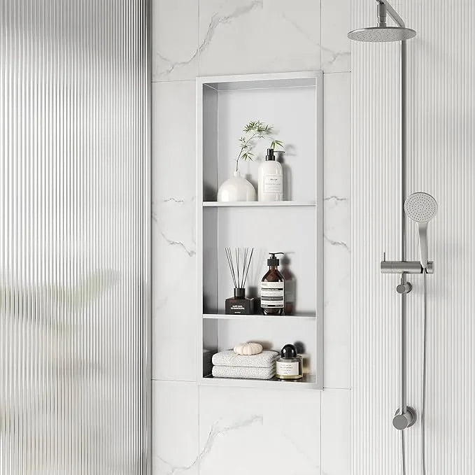 Qeke Stainless Steel Shower Niche 12" X 29", No Tile Needed Wall Niche Three-Tier, Recessed Shower Shelf for Bathroom Storage, Brushed Nickel - ModernBath