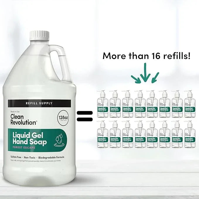 Clean Revolution Liquid Gel Hand Soap, Silky Rich Liquid, Quick Lather, Fast Rinsing, Contains Real Essential Oils (Forest Escape) 128 Fl Oz - ModernBath
