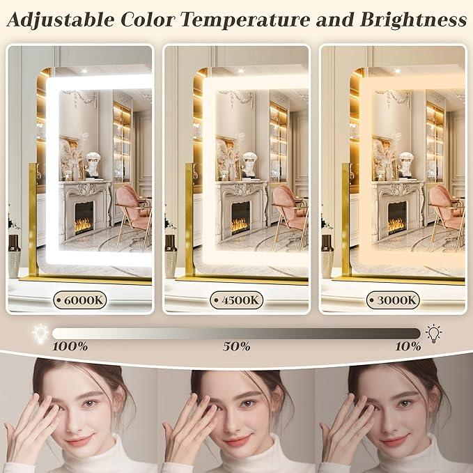 ROLOVE Gold Vanity Mirror with Lights - Smart Touch Dimming, 3-Color Lighting, 360° Rotatable Desktop Makeup Mirror for Desk, 22"x17" - ModernBath