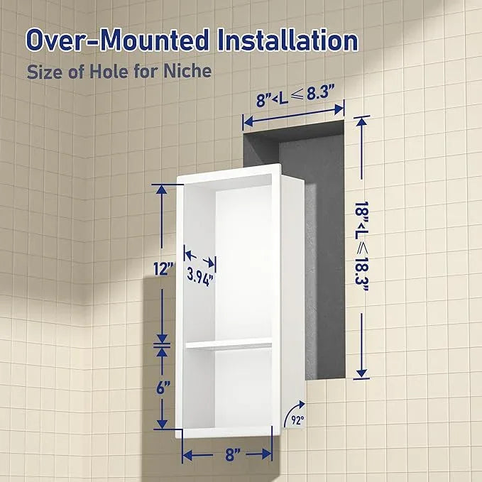 Stainless Steel Shower Niche 18"× 8" White Double Shelves No Tiled Need Recessed Niche Shower for Wall Storage Bathroom Niche Shelf Over-Mounted Installation - ModernBath