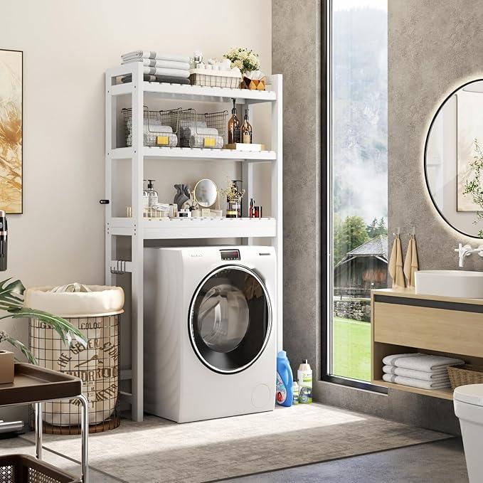 Homykic Over The Toilet Storage, Bamboo 3-Tier Over Toilet Bathroom Organizer with 3 Hooks, Freestanding Bathroom Shelves, Bathroom Organizer and Storage, Easy to Assemble, White - ModernBath