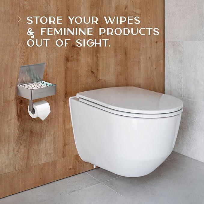 Day Moon™ Brushed Nickel Toilet Paper Holder with Shelf, Wipe Holder for Bathroom, Flushable Wipes Dispenser - Toilet Paper and Wipes Holder, Toilet Paper Holder with Storage - ModernBath