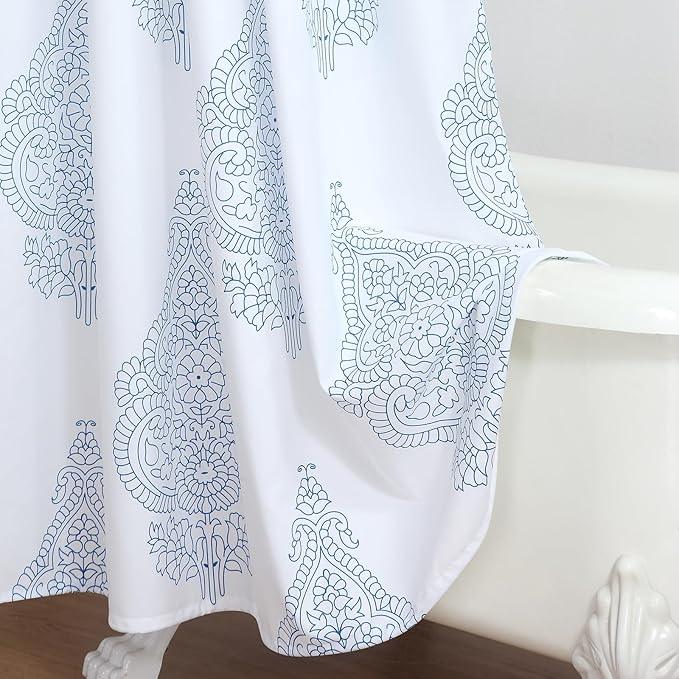 BESTRIPES Fabric Shower Curtain, White and Blue Paisley Damask Medallion Print Shower Curtains for Bathroom, 72" W x 72" H - ModernBath
