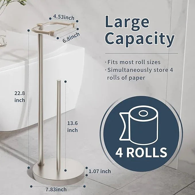 Toilet Paper Holder Stand, Post Pivoting Design Free Standing Toilet Paper Holder with Storage for 4 Rolls, SUS304 Stainless Steel Tissue Holder with Reserve, Heavy-Duty Base (Brushed Nickel) - ModernBath