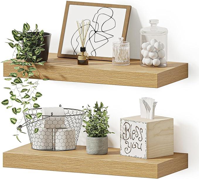 Vivelove Floating Shelves for Wall Mounted, 16 inchs Shelf for Small Bathroom, Bedroom, Living Room, Kitchen, Modern Home Decor, Rustic Farmhouse Wall Shelves with Invisible Brackets - Set of 2, Oak - ModernBath