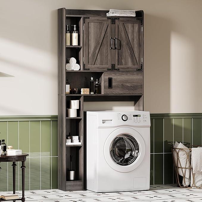 ChooChoo Over The Toilet Storage Cabinet, Farmhouse Bathroom Storage Cabinet with Sliding Door, Over Toilet Storage with Adjustable Shelves, Space-Saving, Grey - ModernBath