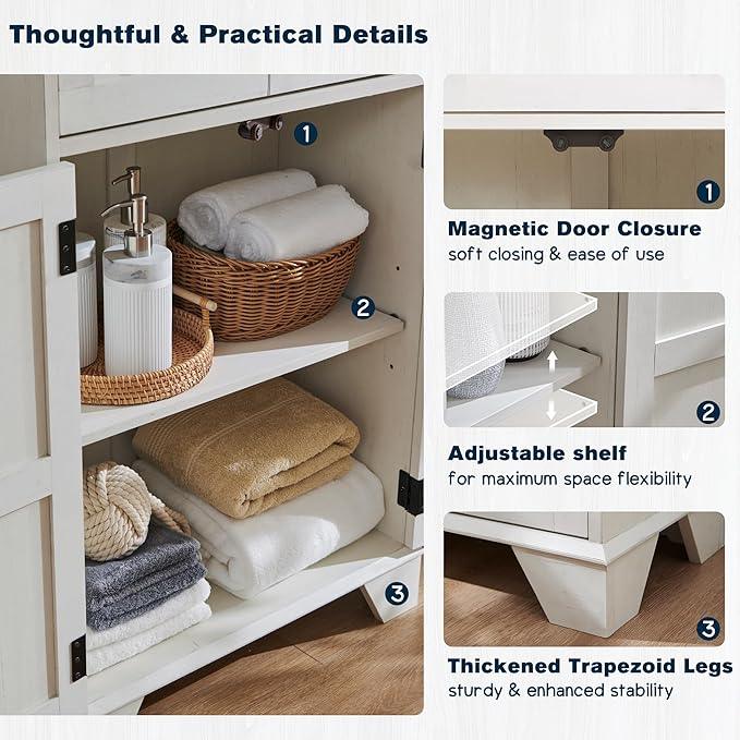 ACCOHOHO Bathroom Floor Cabinet, Farmhouse Storage Cabinet, 24" Wide Cabinet with Drawer, Adjustable Shelf, Barn Doors, Cabinets for Bathroom, Kitchen, Living Room, Off White - ModernBath