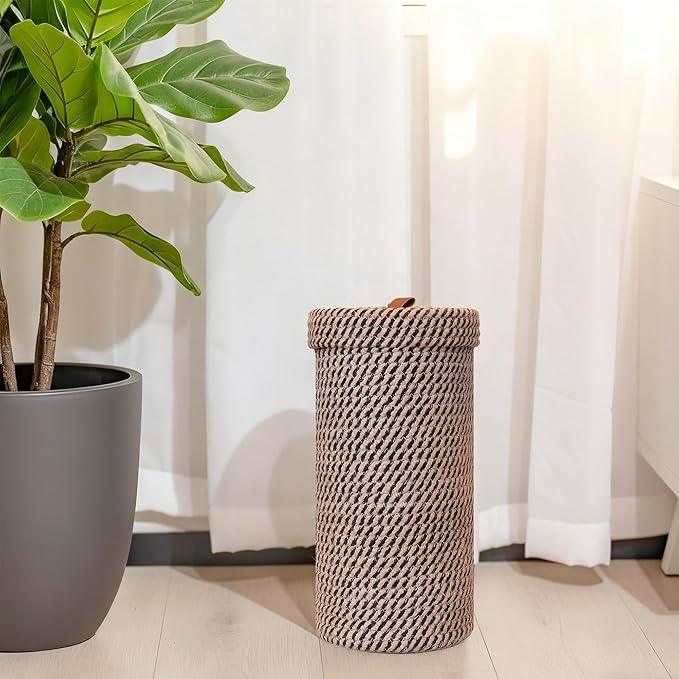 Handmade Cotton & Jute Toilet Paper Holder – Woven Toilet Paper Stand & Storage Basket with Lid, Freestanding Organizer for Bathroom, Fits 3 Rolls - ModernBath
