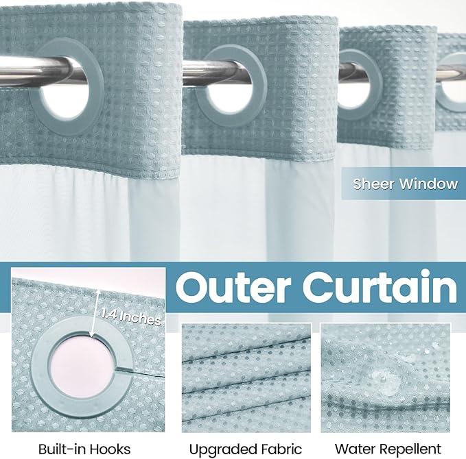 EUTXL Fog Blue No Hook Shower Curtain with Snap in Liner,230GSM Waffle Weave Shower Curtains for Bathroom,71W x 74H - ModernBath