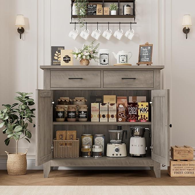 HORSTORS Kitchen Storage Cabinet, Modern Farmhouse Buffet Cabinet with Storage, Coffee Bar with 2 Drawers and 2 Doors, Floor Sideboard Buffet for Living Room, Dining Room, Bathroom, Grey - ModernBath