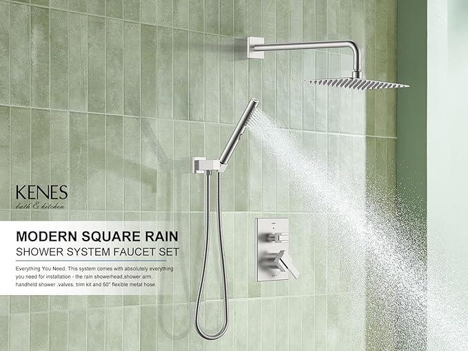 KENES Square Rainfall Shower System Faucet Set, Brushed Nickel Rain Shower Head and Handle Set, 10 Inch Stainless Shower Head with Handheld Spray (Shower Valve Included), LJ-6026A - ModernBath