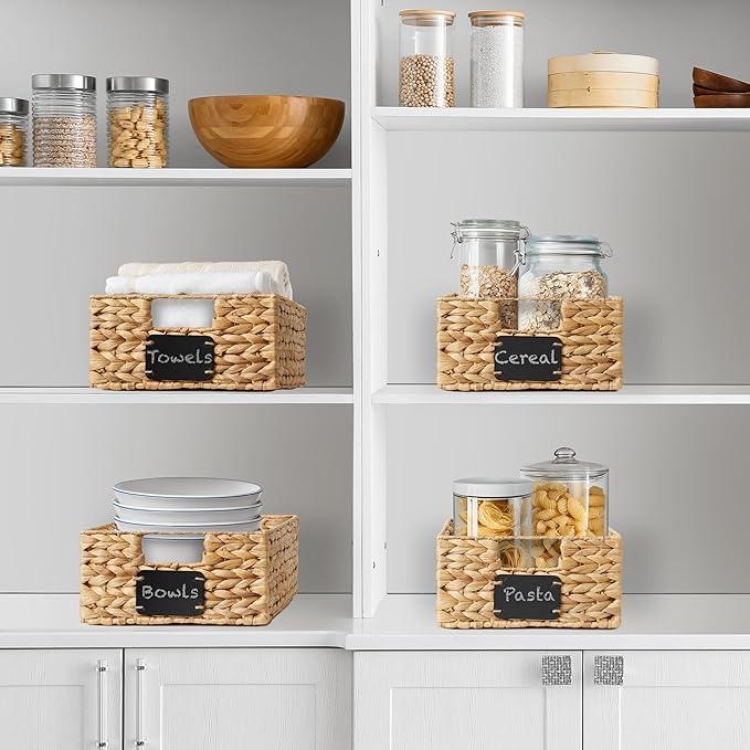Casafield Set of 4 Water Hyacinth Pantry Baskets, 10" x 13" x 5", with Chalkboard Labels and Chalk Marker - Natural, Woven Storage Bin Organizers for Kitchen Shelves - ModernBath