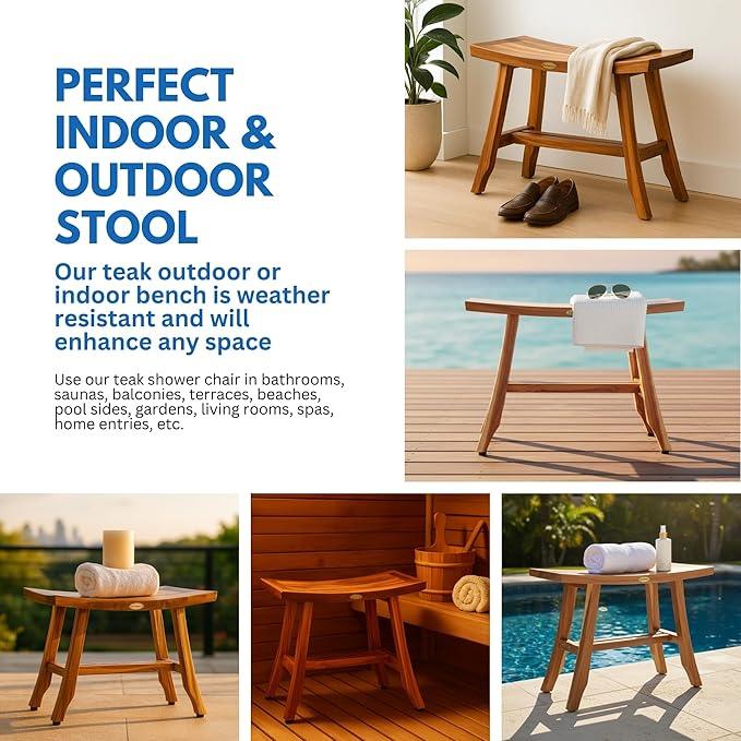 EcoDecors 24 Inch Satori Natural Teak Waterproof Teak Wood Shower Bench Stool Seat Chair for Inside Shower Provides Safety, Storage, and Organization for Bathroom Accessories - ModernBath