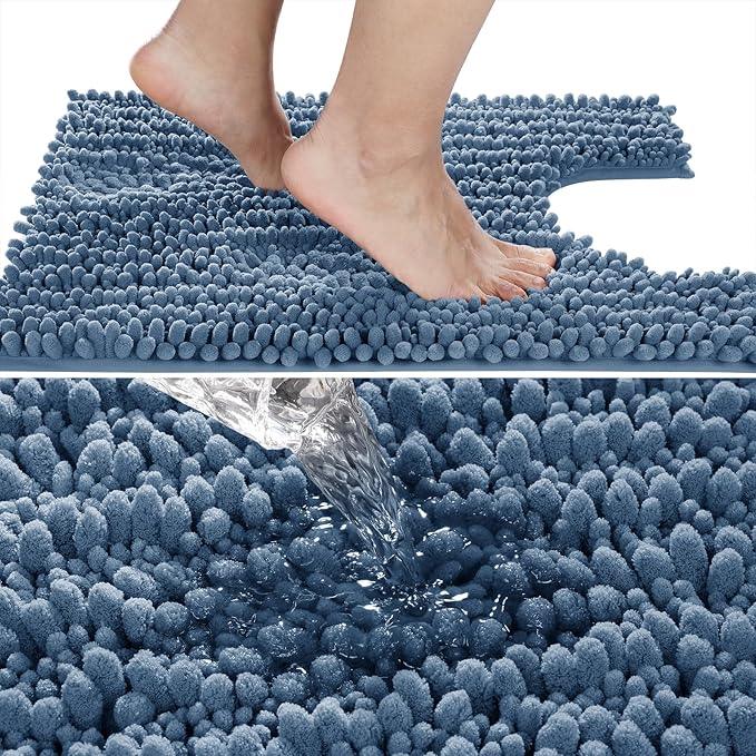 Yimobra Toilet Rug U Shaped Washable 24x24 Inch - Ultra Soft Absorbent Chenille Bath Rugs for Toilet, Quick Dry & Machine Washable, Non Slip Contour Bathroom Mat, Denim Blue - ModernBath