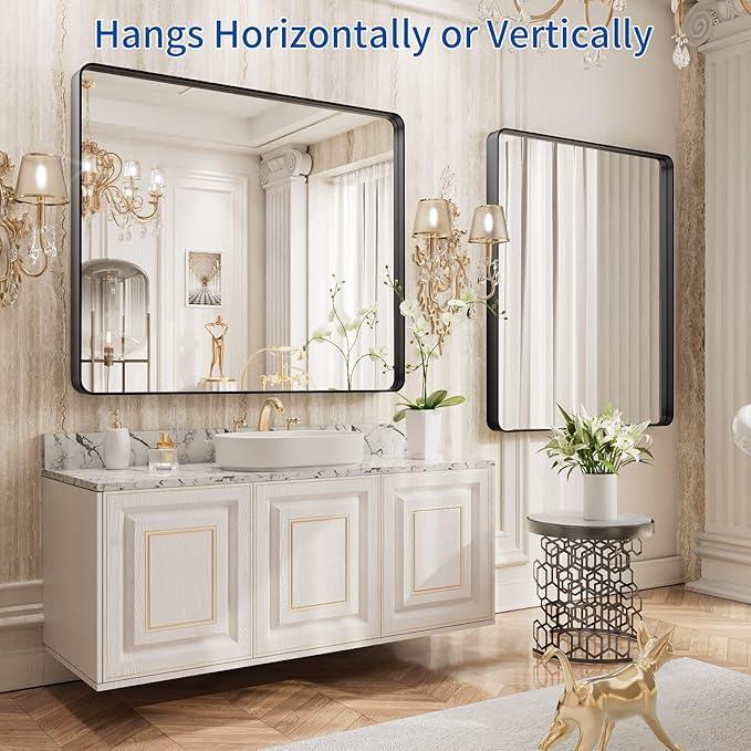 WEER 36X30 Inch Black Metal Framed Bathroom Mirror, Matte Black Bathroom Vanity Mirror, Rectangular Black Wall Mirror for Bathroom, Tempered Glass, Rounded Corner, Hangs Horizontal or Vertical - ModernBath