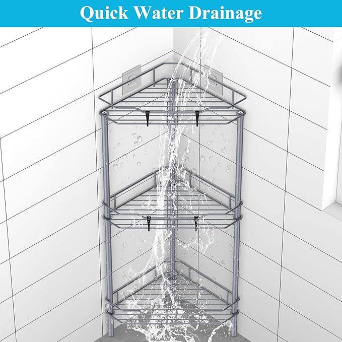 3 Tier Floor Standing Corner Shower Caddy Organizer Shelf with Hooks, Bathroom Shelves Stand Rack, Dark Gray - ModernBath