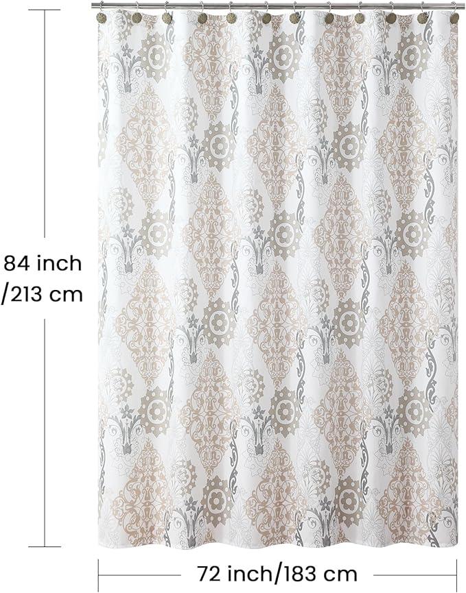 BESTRIPES Extra Long Fabric Shower Curtain, White and Beige Boho Damask Print Shower Curtains for Bathroom, 72" W x 84" H - ModernBath