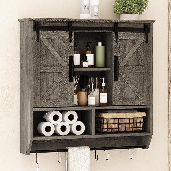 RUSTOWN Farmhouse Bathroom Wall Cabinet,3-Tier Rustic Wood Wall Mounted Cabinets,Vintage Medicine Cabinet with Sliding Barn Door and Adjustable Shelves,Over The Toilet Storage Cabinet (Washed Oak) - ModernBath