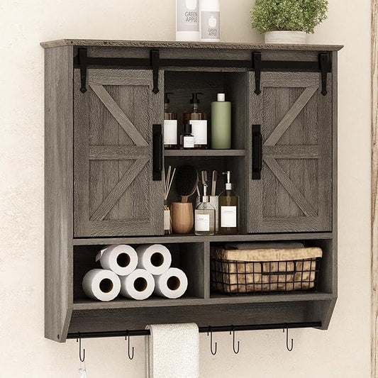 RUSTOWN Farmhouse Bathroom Wall Cabinet,3-Tier Rustic Wood Wall Mounted Cabinets,Vintage Medicine Cabinet with Sliding Barn Door and Adjustable Shelves,Over The Toilet Storage Cabinet (Washed Oak) - ModernBath
