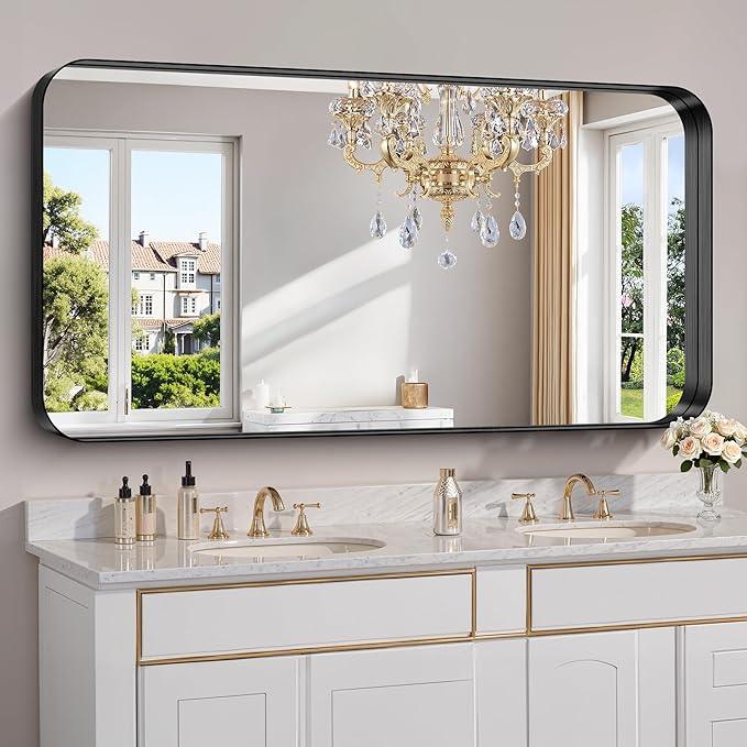 FORBATH 60x30 Inch Large Bathroom Mirror for Double Sinks, Brushed Black Deep Frame Wall Mirror with Rounded Corners, Anti-Rust Tempered Glass for Modern Farmhouse Vanity (Horizontal/Vertical) - ModernBath